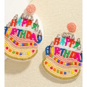 Fashion Beaded Happy Birthday Cake Statement Drop Earrings Multicolor Rhinestone